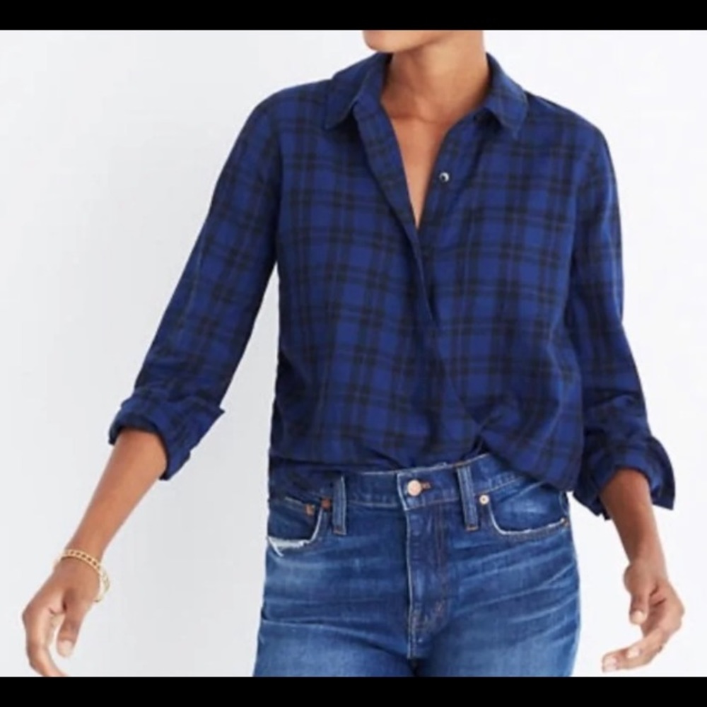 Madewell Popover Plaid Shirt, Blue and Black, Size XS